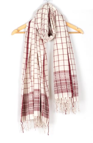 Handwoven Maroon Jaquard Check Cotton Scarf