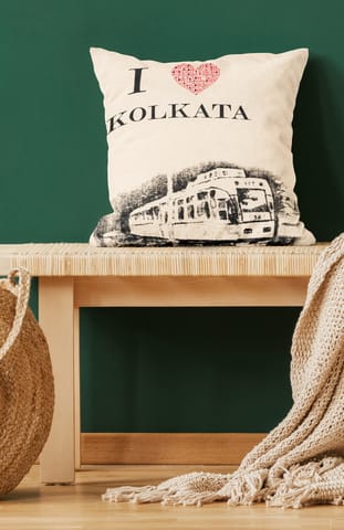 Kolkata Tram-Printed Cotton Cushion Cover