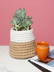 Beige & White crochet plant pot holder from Habere India/ Designer indoor plant pots which is multi-functional/ stylish crochet indoor planters online