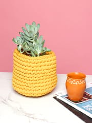 Sunshine yellow crochet plant pot holder from Habere India/ Designer basket planters indoor which is multi-functional/ stylish crochet indoor planters online