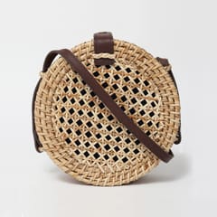 HabereIndia - Round Cane Sling Bag/ Bali Rattan Sling Bag/ Trendy Bag