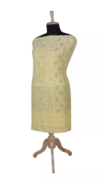 Rohia by Chhangamal Hand Embroidered Yellow Viscose Unstiched Chikan Kurti Length(Kurta 2.5 M, Bottom 2 M, Dupatta 2.15 M)