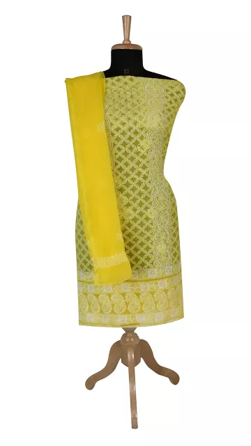 Rohia by Chhangamal Hand Embroidered Yellow Georgette Unstiched Chikan Suit Length(Kurta 2.5 M, Bottom 2 M, Dupatta 2.15 M)