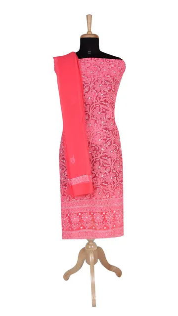 Rohia by Chhangamal Hand Embroidered Pink Georgette Unstiched Chikan Suit Length(Kurta 2.5 M, Bottom 2 M, Dupatta 2.15 M)