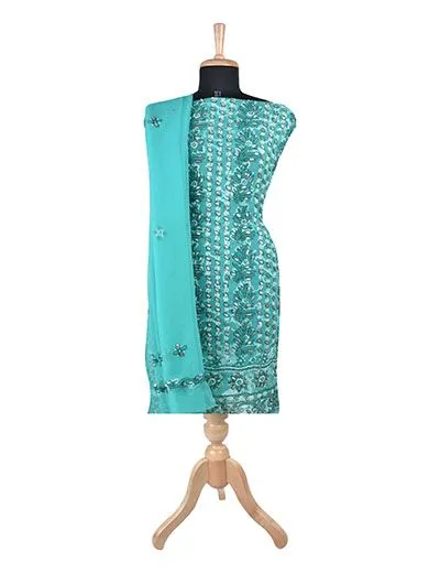 Rohia by Chhangamal Hand Embroidered Sea Green Faux Georgette  Chikan Suit Length(Kurta 2.5 M, Bottom 2 M, Dupatta 2.15 M)