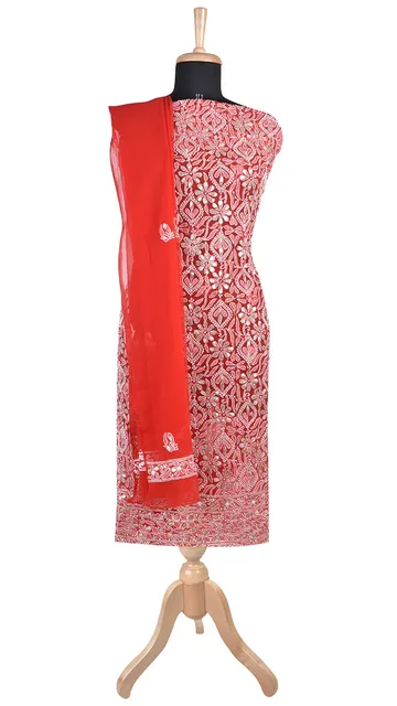 Rohia by Chhangamal Hand Embroidered Red Faux Georgette Chikan Suit Length(Kurta 2.5 M, Bottom 2 M, Dupatta 2.15 M)