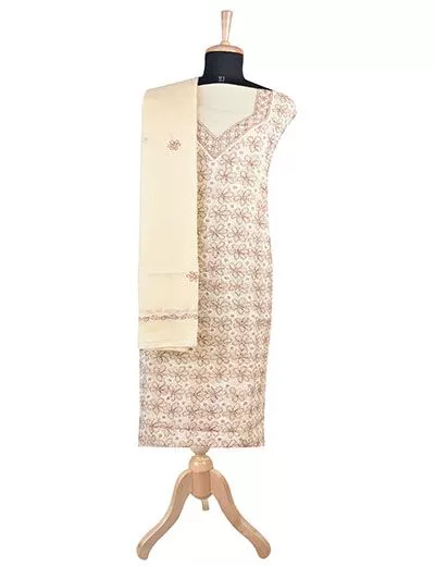 Rohia by Chhangamal Hand Embroidered Beige Cotton Chikan Suit Length(Kurta 2.5 M, Bottom 2 M, Dupatta 2.15 M)