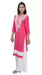 Rohia by Chhangamal Women's Hand Embroidered Pink Cotton Chikan Kurti