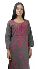 Rohia by Chhangamal Women's Hand Embroidered Grey Cotton Chikan Kurti