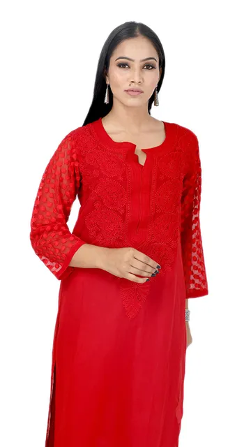 Rohia by Chhangamal Women's Hand Embroidered Red Georgette Chikan Kurti