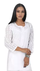 Rohia by Chhangamal Women's Hand Embroidered White Georgette Chikan Kurti