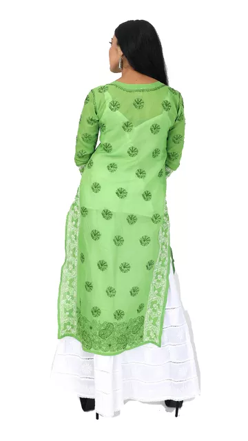 Rohia by Chhangamal Women's Hand Embroidered Green Chikan Kurti