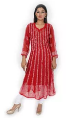 Rohia by Chhangamal Women's Hand Embroidered Red Chikan Kurti