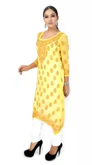 Rohia by Chhangamal Women's Hand Embroidered Yellow Chikan Kurti