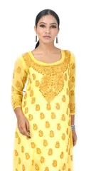 Rohia by Chhangamal Women's Hand Embroidered Yellow Chikan Kurti