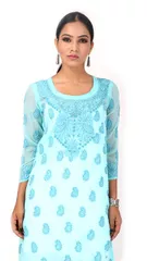 Rohia by Chhangamal Women's Hand Embroidered Sky Blue Chikan Kurti