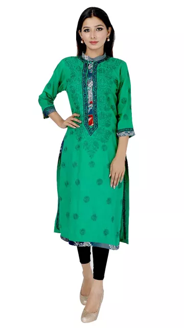 Rohia by Chhangamal Women's Hand Embroidered Aqua Green Chikan Kurti