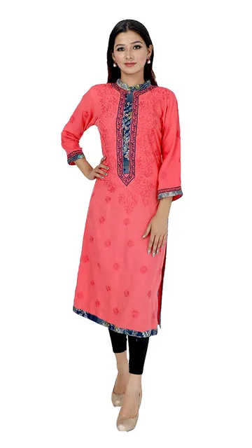 Rohia by Chhangamal Women's Hand Embroidered Coral Pink Cotton Chikan Kurti