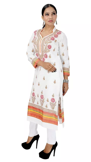 Rohia by Chhangamal Women's Hand Embroidered Multi White Cotton Chikan Kurti