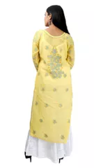 Rohia by Chhangamal Women's Hand Embroidered Lemon Yellow Cotton Chikan Kurti