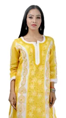 Rohia by Chhangamal Women's Hand Embroidered Yellow Cotton Chikan Kurti
