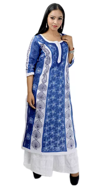 Rohia by Chhangamal Women's Hand Embroidered Navy Blue Cotton Chikan Kurti