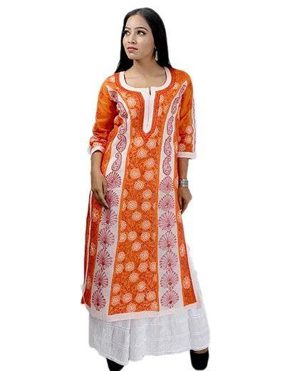 Rohia by Chhangamal Women's Hand Embroidered Orange Cotton Chikan Kurti