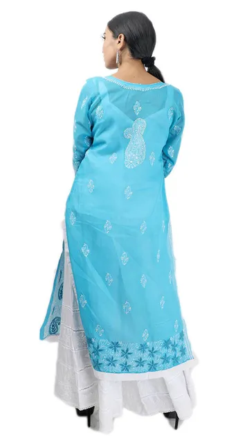 Rohia by Chhangamal Women's Hand Embroidered Sky Blue Cotton Chikan Kurti
