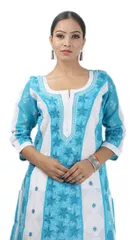 Rohia by Chhangamal Women's Hand Embroidered Sky Blue Cotton Chikan Kurti