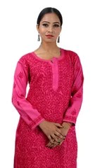 Rohia by Chhangamal Women's Hand Embroidered Pink Rayon Chikan Kurti