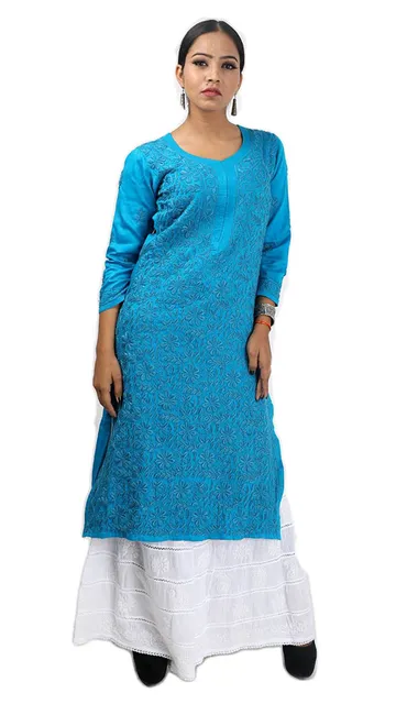 Rohia by Chhangamal Women's Hand Embroidered Blue Rayon Chikan Kurti