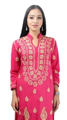 Rohia by Chhangamal Women's Hand Embroidered Pink Cotton Chikan Kurti