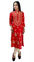 Rohia by Chhangamal Women's Hand Embroidered Red Cotton Chikan Kurti