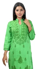 Rohia by Chhangamal Women's Hand Embroidered Green Cotton Chikan Kurti