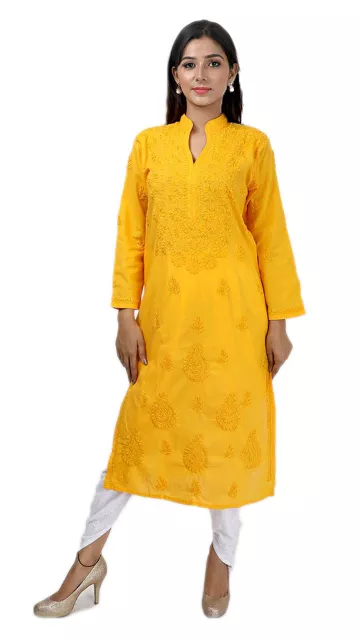 Rohia by Chhangamal Women's Hand Embroidered Yellow Cotton Chikan Kurti