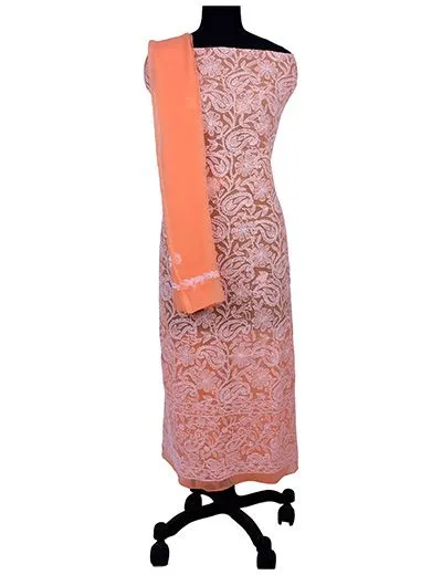 Rohia by Chhangamal Hand Embroidered Peach Georgette Unstiched Chikan Suit Length(Kurta 2.5 M, Bottom 2 M, Dupatta 2.15 M)