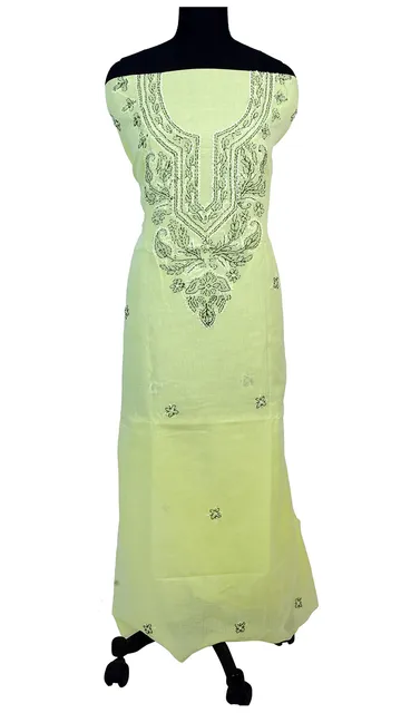 Rohia by Chhangamal Hand Embroidered Lemon Green Cotton Unstiched Chikan Suit Length(Kurta 2.5 M, Bottom 2 M, Dupatta 2.15 M)