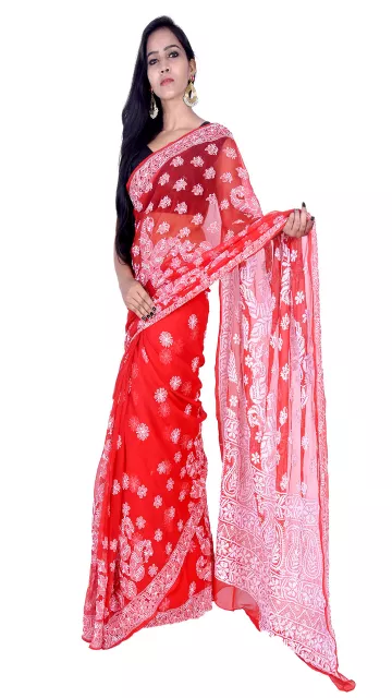 Rohia by Chhangamal Hand Embroidered Red Faux Georgette Chikan Saree.
