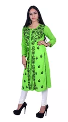 Rohia by Chhangamal Hand Embroidered Green Cotton Sherwani Style Chikan Kurti