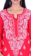 Rohia by Chhangamal Hand Embroidered Ryon Red Chikan Kurti