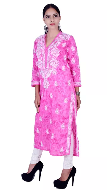 Rohia by Chhangamal Hand Embroidered Pink Cotton Kashmiri Gala Chikan Kurti