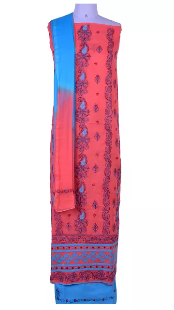 Rohia by Chhangamal Hand Embroidered Peach Cotton Chikan Suit Length(Kurta 2.5 M, Bottom 2 M, Dupatta 2.15 M)