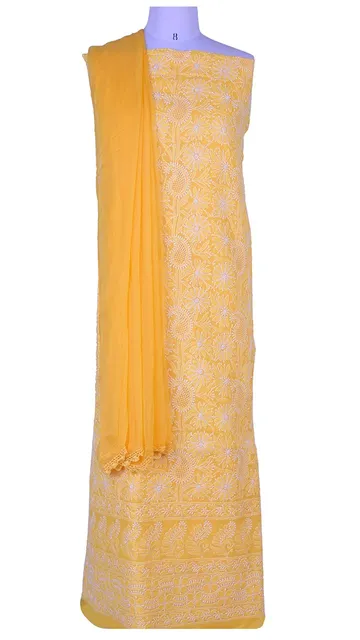 Rohia by Chhangamal Hand Embroidered Chikan Cotton Yellow Unstiched Suit Length(Kurta 2.5 M, Bottom 2 M, Dupatta 2.15 M)