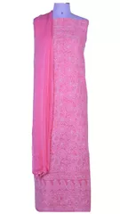 Rohia by Chhangamal Hand Embroidered Cotton Pink Unstiched Chikan Suit Length(Kurta 2.5 M, Bottom 2 M, Dupatta 2.15 M)