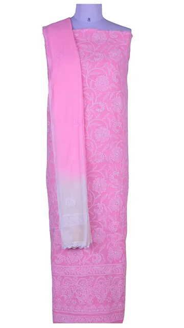 Rohia by Chhangamal Hand Embroidered Cotton  Pink Unstiched Chikan Suit Length(Kurta 2.5 M, Bottom 2 M, Dupatta 2.15 M)