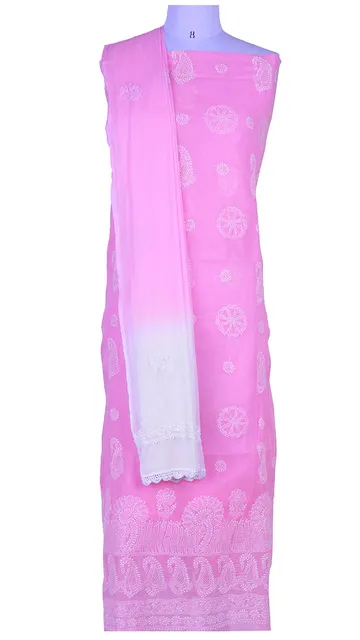 Rohia by Chhangamal Hand Embroidered Pink Cotton Chikan Suit Length(Kurta 2.5 M, Bottom 2 M, Dupatta 2.15 M)