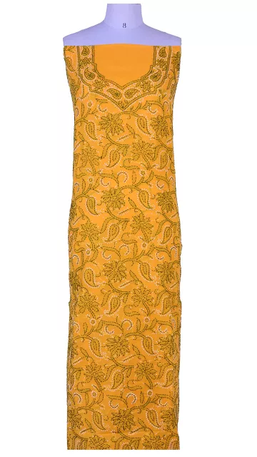 Rohia by Chhangamal Hand Embroidered Orange Chikan Suit Length(Kurta 2.5 M, Bottom 2 M, Dupatta 2.15 M)