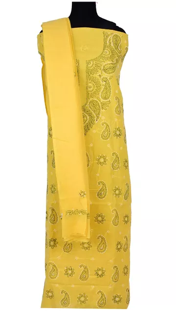 Rohia by Chhangamal Hand Embroidered Yellow Cotton Chikan Suit Length(Kurta 2.5 M, Bottom 2 M, Dupatta 2.15 M)
