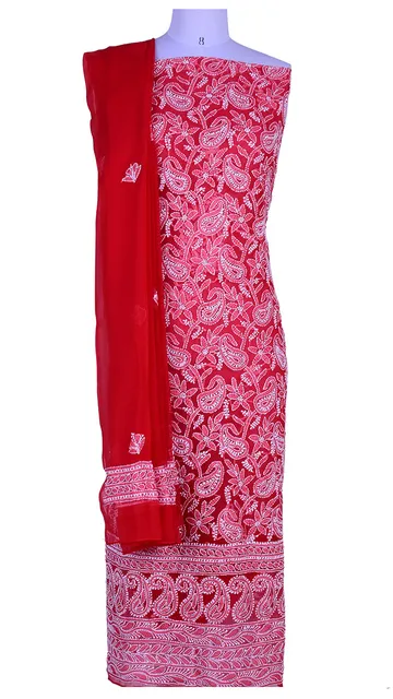 Rohia by Chhangamal Hand Embroidered Unstiched Georgette Red  Chikan Suit Length(Kurta 2.5 M, Bottom 2 M, Dupatta 2.15 M)