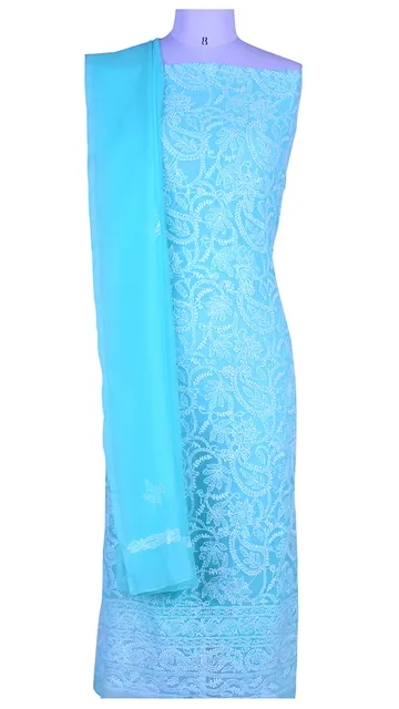 Rohia by Chhangamal Hand Embroidered Light Blue Cotton Chikan Suit Length(Kurta 2.5 M, Bottom 2 M, Dupatta 2.15 M)